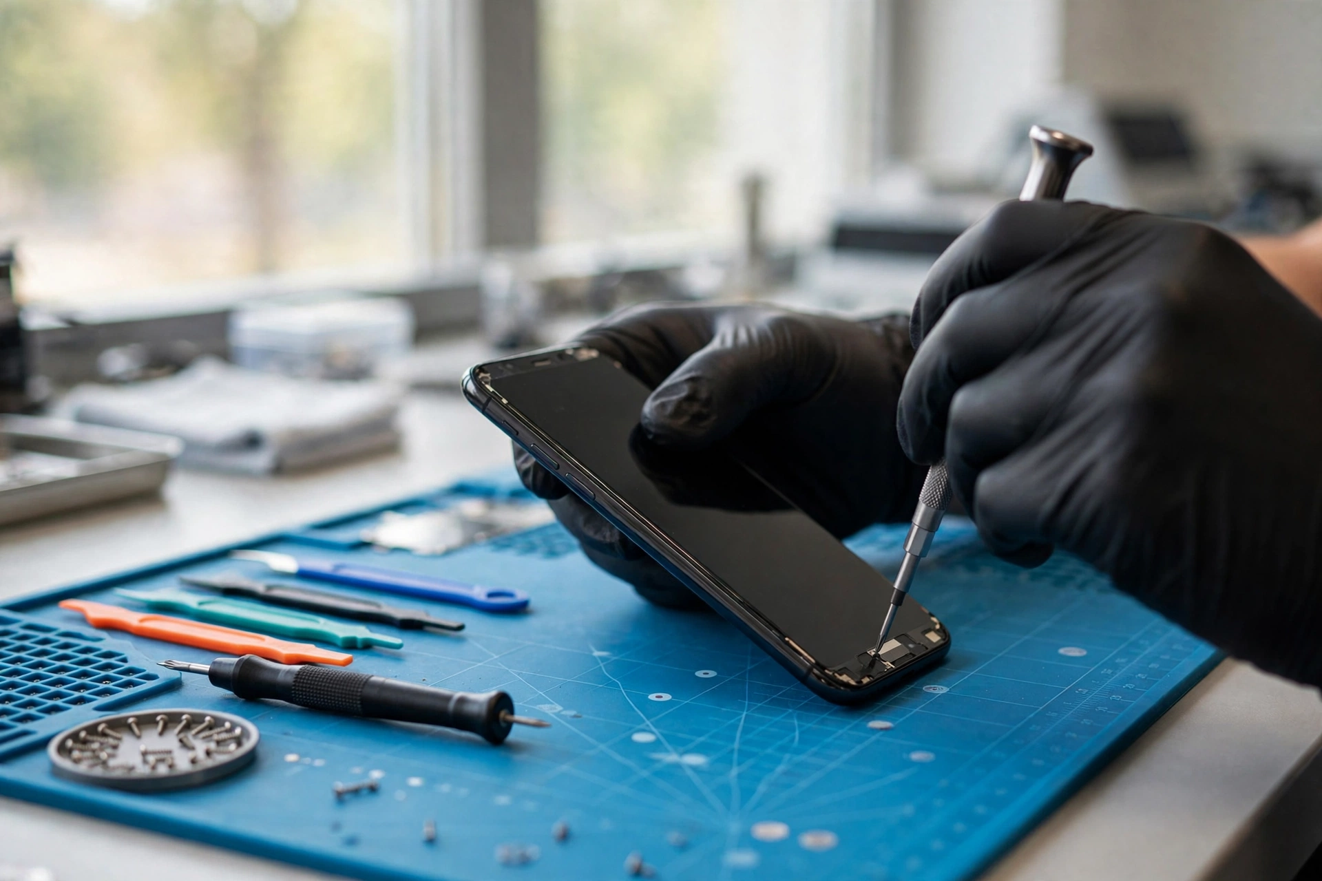 Technician replacing a smartphone screen on a repair bench
